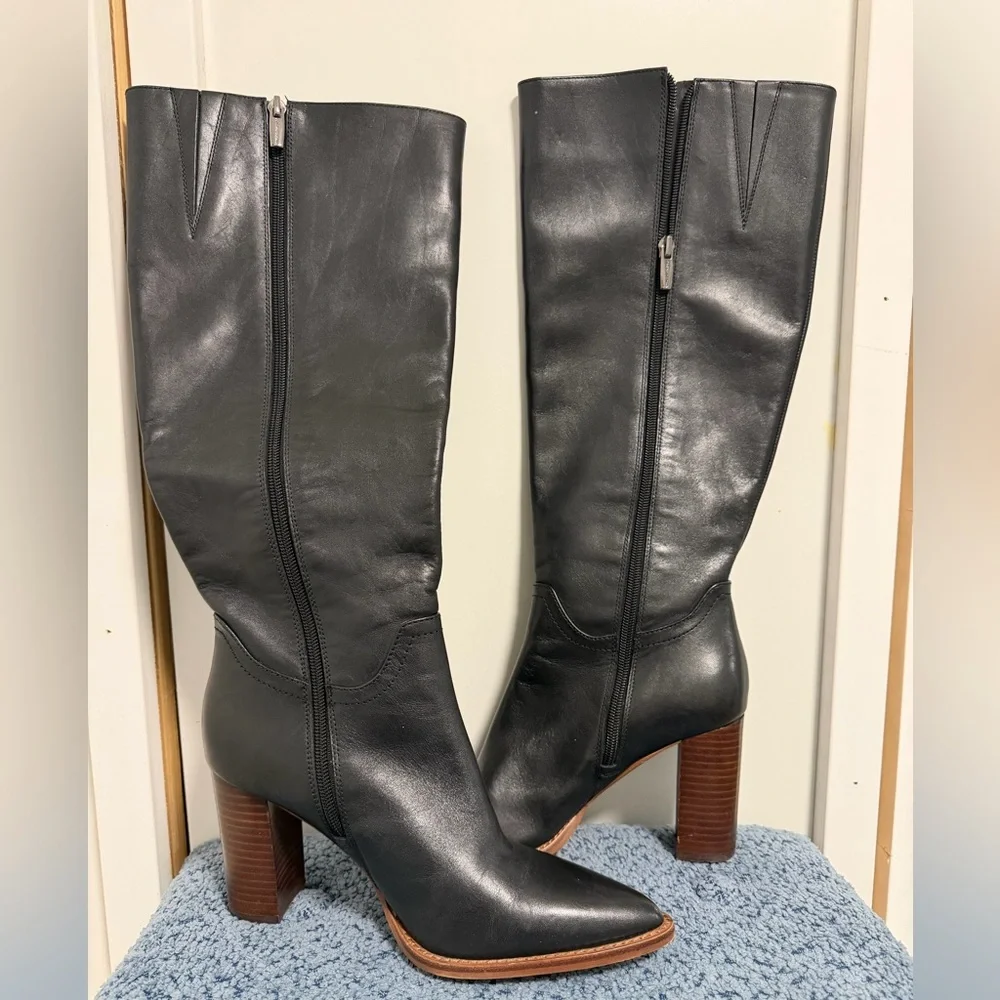 Sleek Black Leather Heeled Boots Vince Camuto Eckina Knee High Boot size 8 - Picture 5 of 7